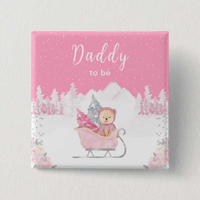 Winter Bär Rosa Schlitten Daddy wird Papa Button (Vorderseite)