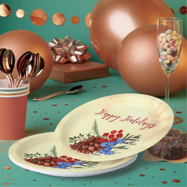 Winter Barries Cone Frohe Weihnachtsbaumen Gelb Pappteller (Multi)
