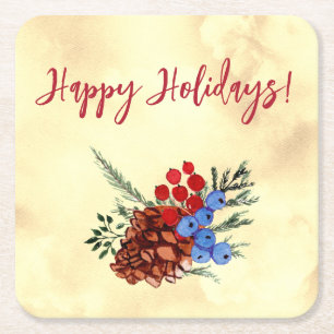 Winter Barries Happy Holidays Trees Yellow Red Rechteckiger Pappuntersetzer