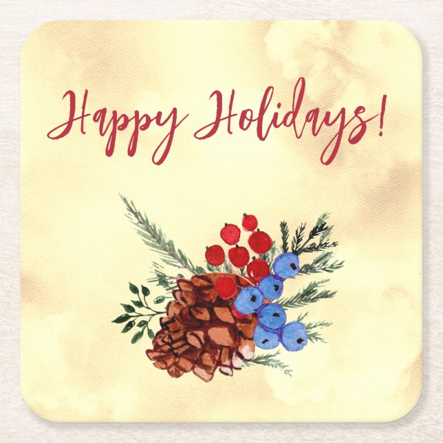 Winter Barries Happy Holidays Trees Yellow Red Rechteckiger Pappuntersetzer (Vorderseite)