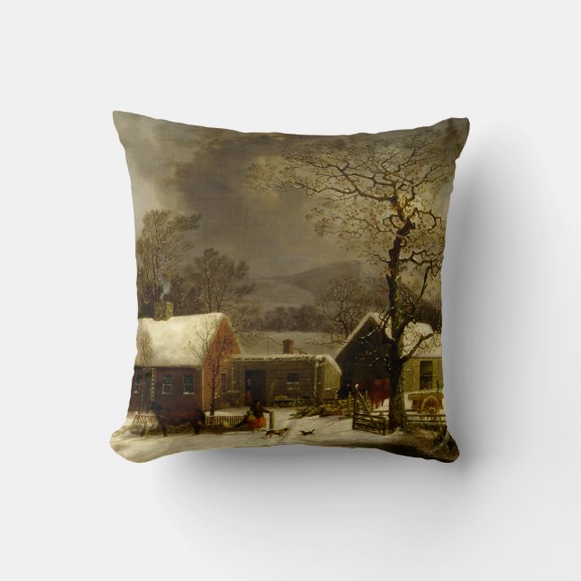 Winter-Bauernhof-Malerei von George Durrie Kissen (Vorderseite)