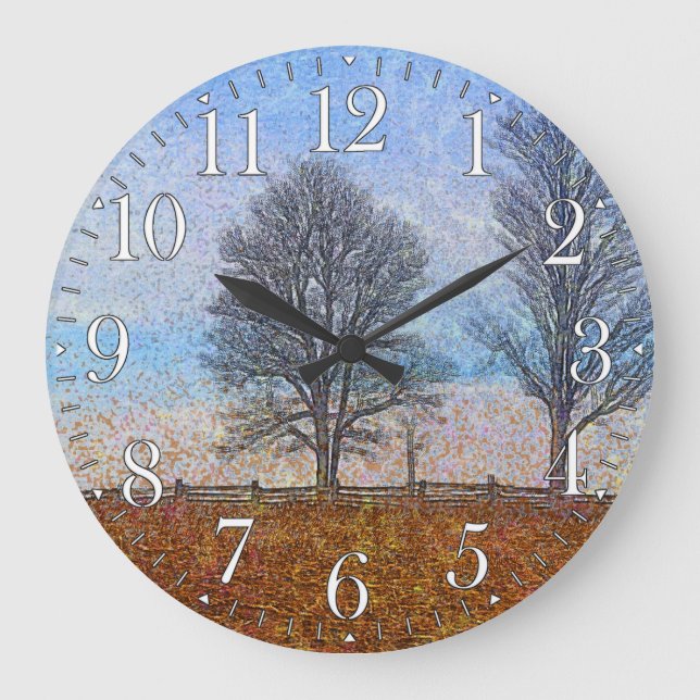 Winter-Baum-u. Bauernhof-Zaun-Weiden-Kunst Große Wanduhr (Vorderseite)