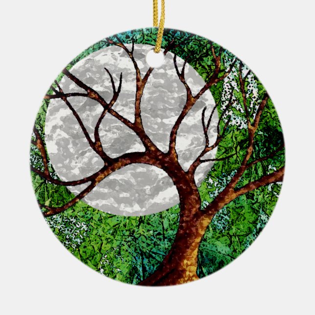 Winter-Baum und Mond auf grüner Verzierung Keramikornament (Vorne)