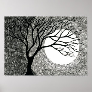 Winter-Baum und Mond in Schwarzweiss Poster