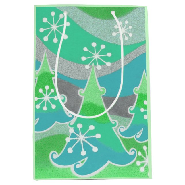 Winter Bäume Grüne Geschenktasche Medium Mittlere Geschenktüte (Vorderseite)