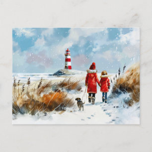Winter Beach Walk mit Hund zum Leuchtturm Feiertagspostkarte