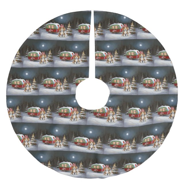 Winter Beagle Karawan Weihnachtsabenteuer Polyester Weihnachtsbaumdecke (Vorderseite)