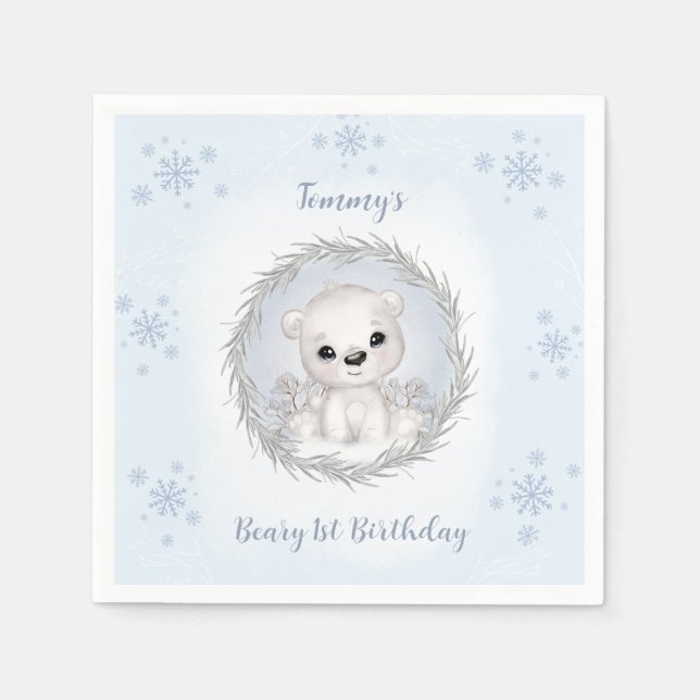 Winter Bear 1. Geburtstag Niedlicher Blauer Polar  Serviette (Vorderseite)