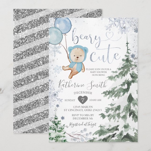 Winter Bear Baby Dusche Forest Snowflakes Ballon Einladung (Vorne/Hinten)