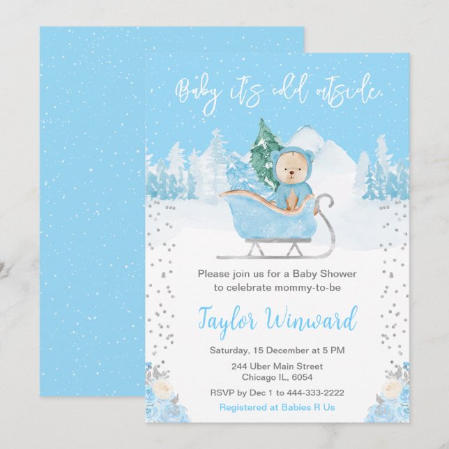 Winter Bear Blue Sleigh Baby Dusche Einladung (Vorne/Hinten)