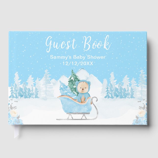 Winter Bear Blue Sleigh Baby Dusche Gästebuch (Vorderseite)