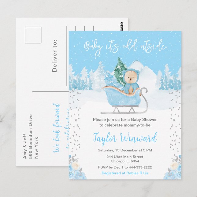 Winter Bear Blue Sleigh Baby Dusche Postkarte (Vorne/Hinten)