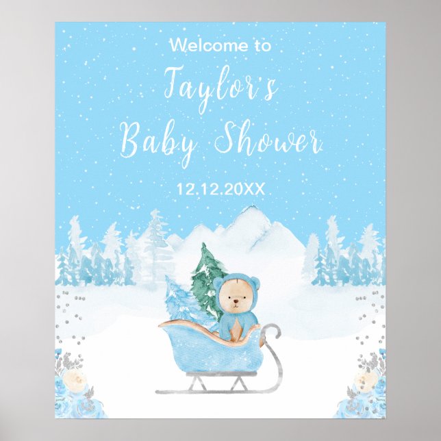 Winter Bear Blue Sleigh Baby Dusche Willkommen Poster (Vorne)
