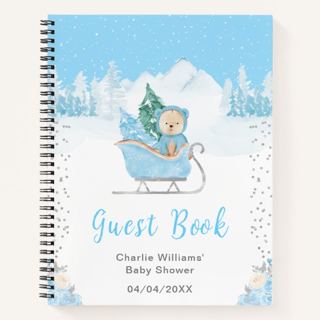 Winter Bear Blue Sleigh Baby Showroom Gästebuch Notizbuch (Vorderseite)
