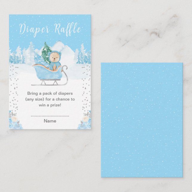 Winter Bear Blue Sleigh Diaper Raffle Begleitkarte (Vorne/Hinten)