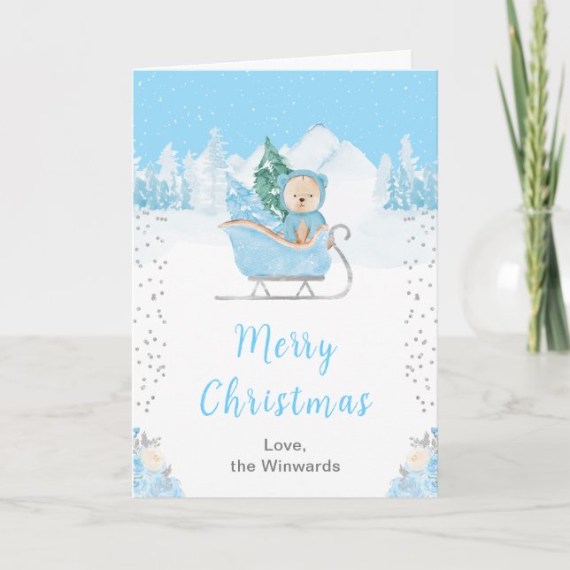 Winter Bear Blue Sleigh Frohe Weihnachten (Vorderseite)