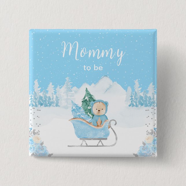 Winter Bear Blue Sleigh Mommy zu sein Button (Vorderseite)