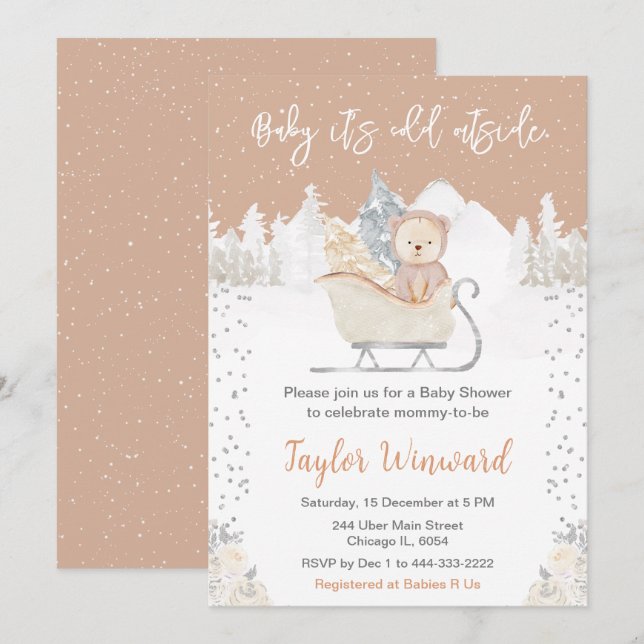 Winter Bear Brown Sleigh Baby Dusche Einladung (Vorne/Hinten)