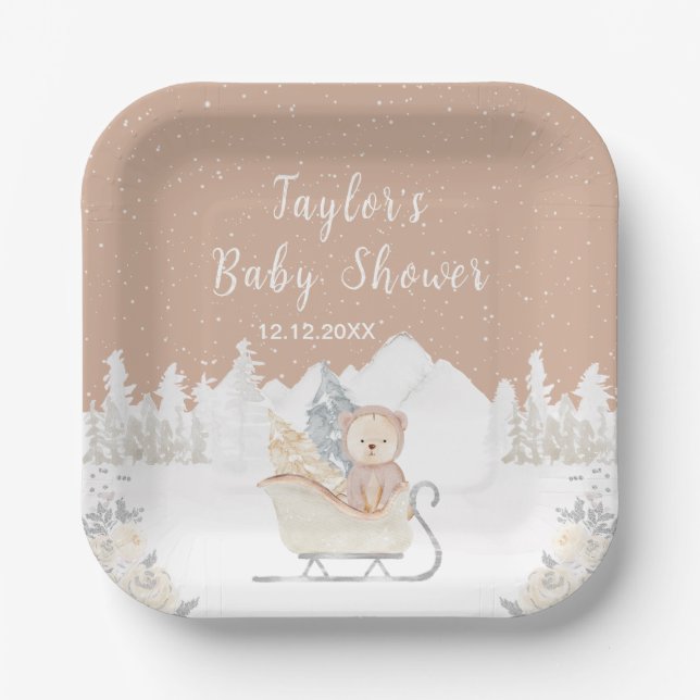 Winter Bear Brown Sleigh Baby Dusche Pappteller (Vorderseite)