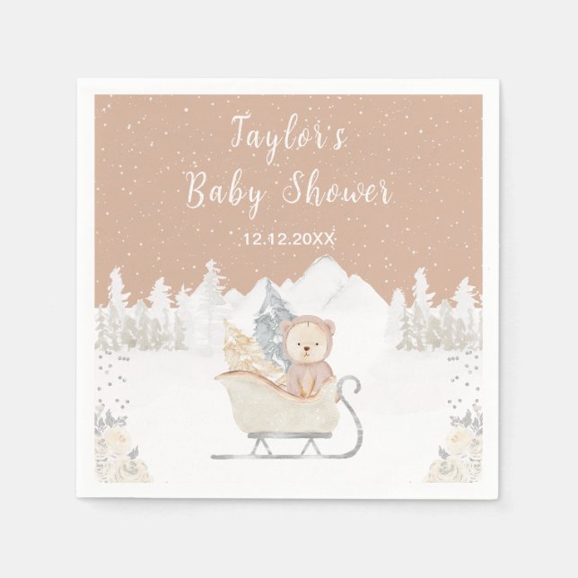 Winter Bear Brown Sleigh Baby Dusche Serviette (Vorderseite)