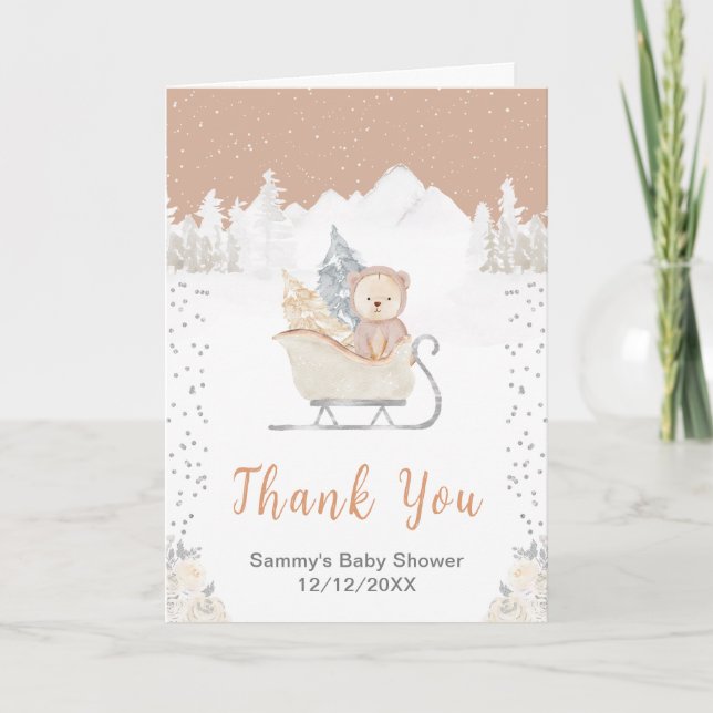 Winter Bear Brown Sleigh Baby Dusche Vielen Dank Dankeskarte (Vorderseite)