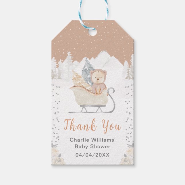 Winter Bear Brown Sleigh Baby Dusche Vielen Dank Geschenkanhänger (Vorderseite)