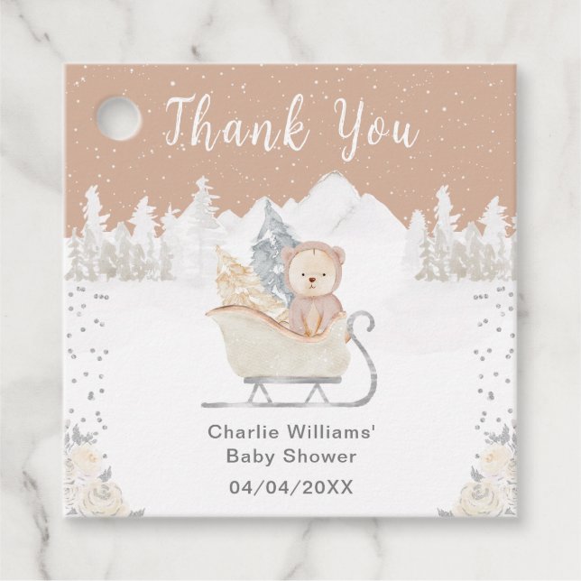 Winter Bear Brown Sleigh Baby Dusche Vielen Dank Geschenkanhänger (Vorderseite)