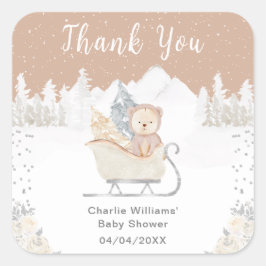 Winter Bear Brown Sleigh Baby Dusche Vielen Dank Quadratischer Aufkleber