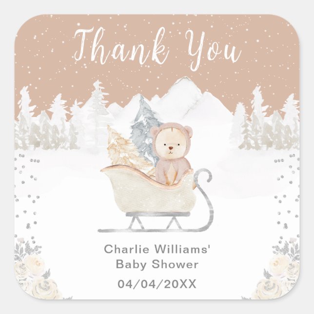Winter Bear Brown Sleigh Baby Dusche Vielen Dank Quadratischer Aufkleber (Vorderseite)