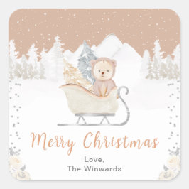Winter Bear Brown Sleigh Frohe Weihnachten Quadratischer Aufkleber