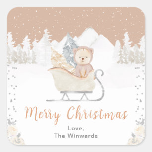 Winter Bear Brown Sleigh Frohe Weihnachten Quadratischer Aufkleber