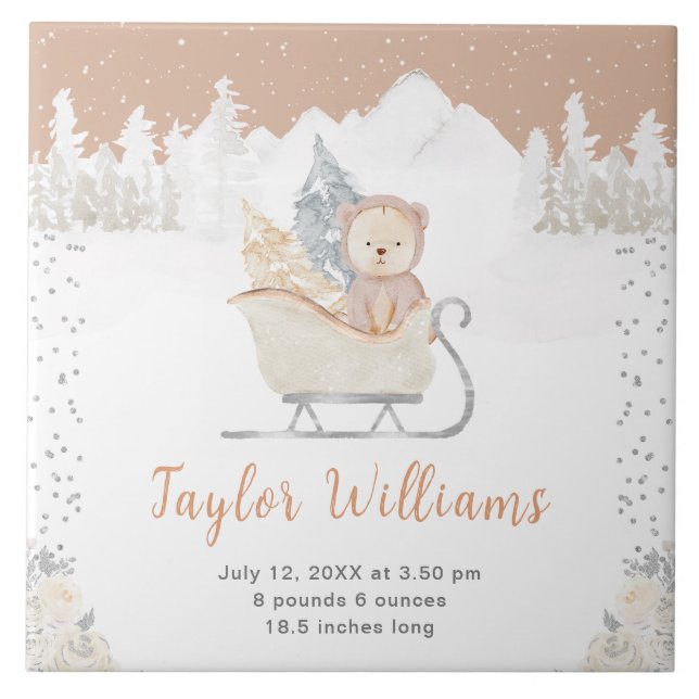 Winter Bear Brown Sleigh Geburtenstatistik Fliese (Vorderseite)