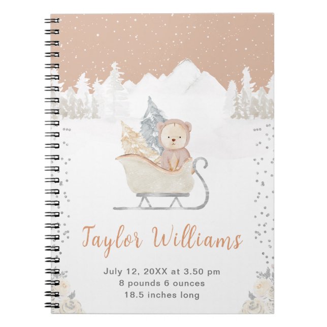Winter Bear Brown Sleigh Geburtenstatistik Notizblock (Vorderseite)