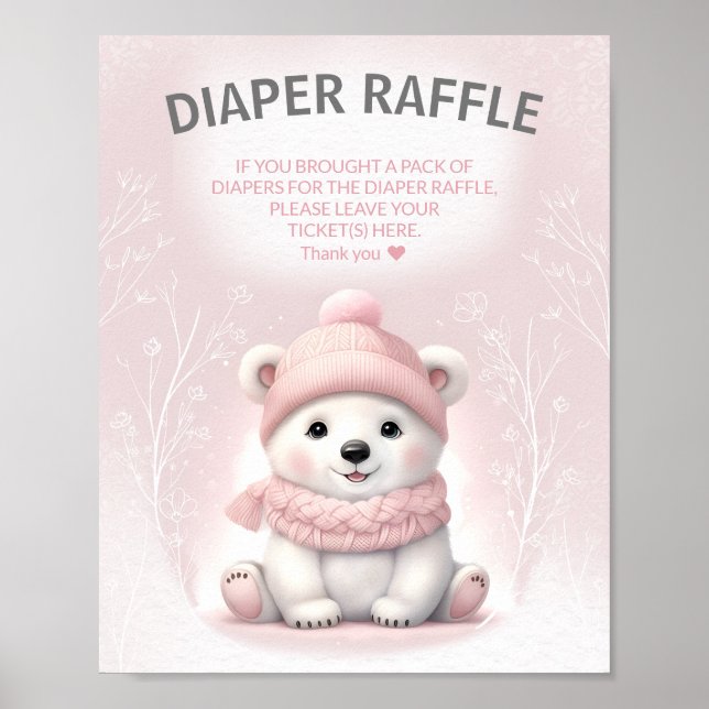 Winter Bear Pink Baby Dusche Windeln Raffle Schild (Vorne)