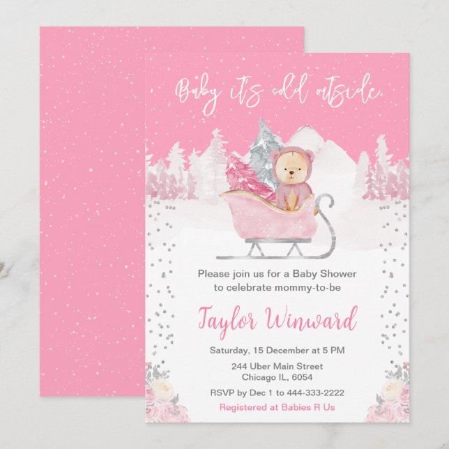 Winter Bear Pink Sleigh Baby Dusche Einladung (Vorne/Hinten)