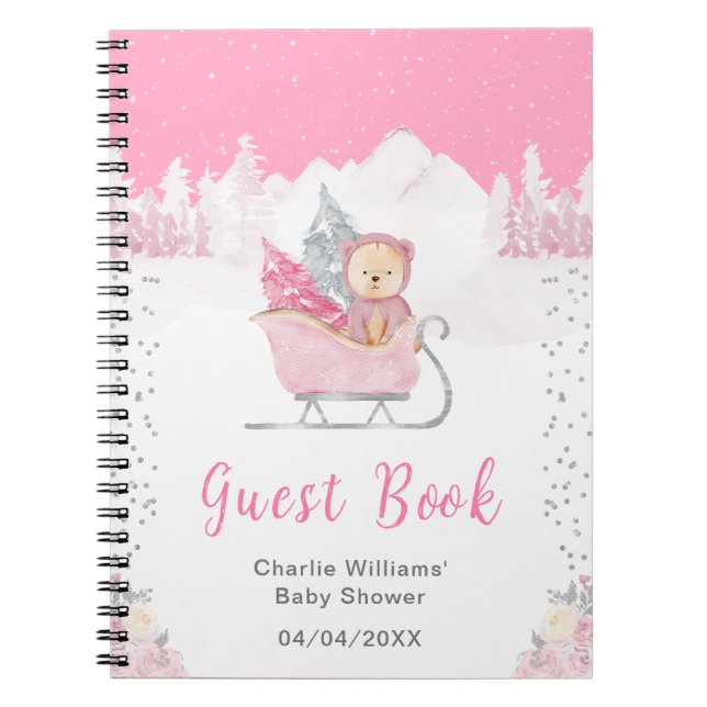 Winter Bear Pink Sleigh Baby Dusche Gästebuch Notizblock (Vorderseite)