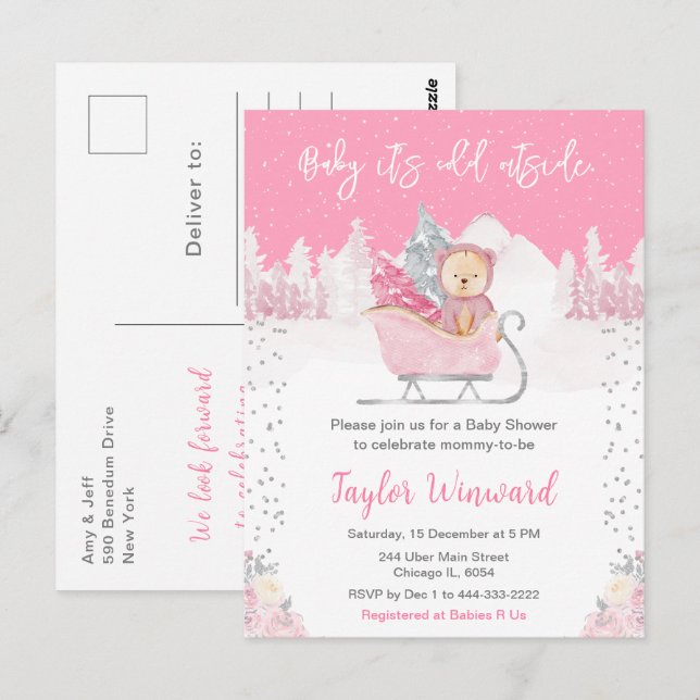 Winter Bear Pink Sleigh Baby Dusche Postkarte (Vorne/Hinten)