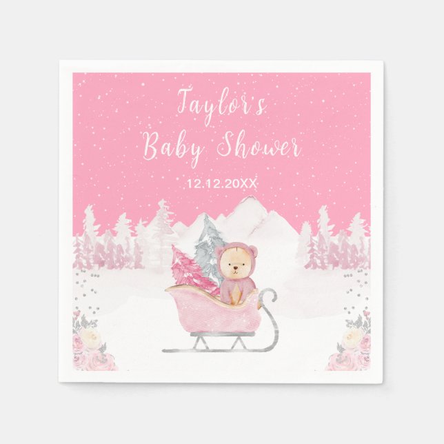 Winter Bear Pink Sleigh Baby Dusche Serviette (Vorderseite)