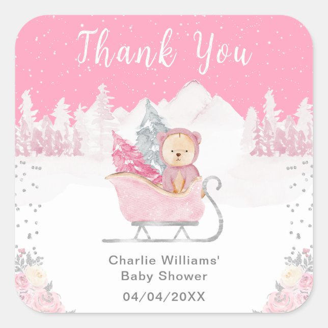 Winter Bear Pink Sleigh Baby Dusche Vielen Dank Quadratischer Aufkleber (Vorderseite)