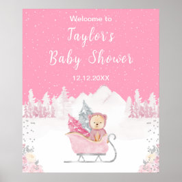 Winter Bear Pink Sleigh Baby Dusche Willkommen Poster