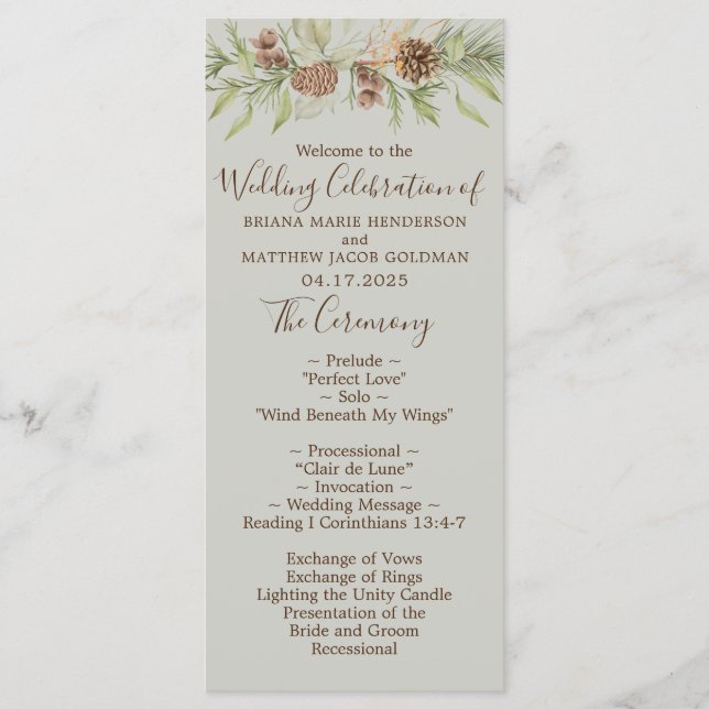 Winter Beige Elegante Script Wedding Programm (Vorderseite)