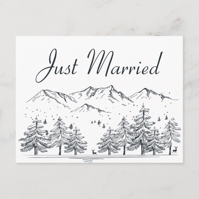 Winter Berg nur verheiratet Hochzeitsbaumen Natur Ankündigungspostkarte (Vorderseite)