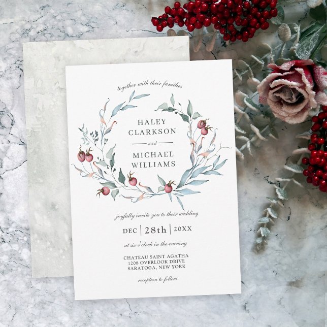 Winter Berries Botanischer Kranzbrand Einladung (A lovely choice for winter weddings, available in printed or instant download formats!)