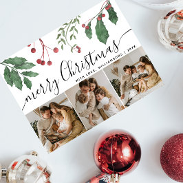 Winter Berries Elegant Script 3Photo Christmas Feiertagspostkarte