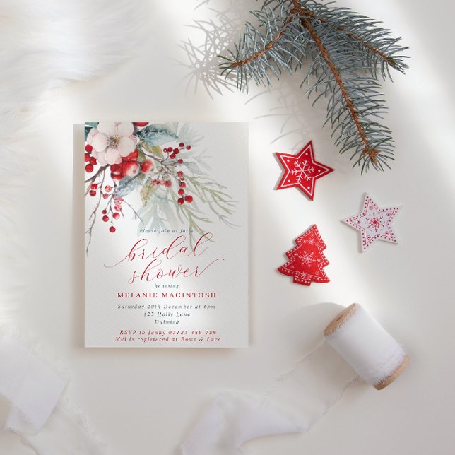 Winter Berries & Foliage Red & Green Brautparty Einladung (Von Creator hochgeladen)