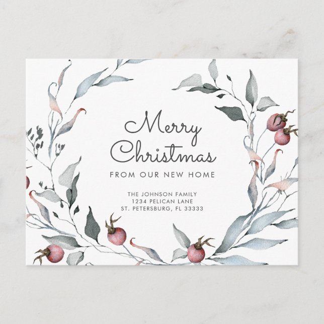 Winter Berries Greenery Holiday Wreath Neue Adress Ankündigungspostkarte (Vorderseite)