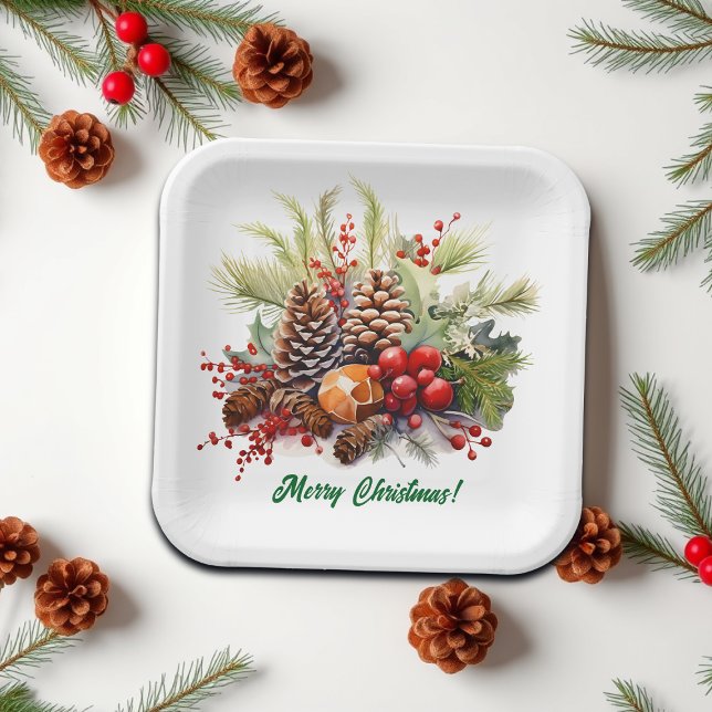 Winter Berries Greenery Pine Cones Pappteller (Von Creator hochgeladen)