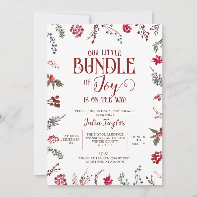 Winter Berries & Holly Baby Dusche, Kleines Paket Einladung (Vorderseite)