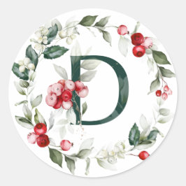 Winter Berries Monogram D Small Round Labels Runder Aufkleber