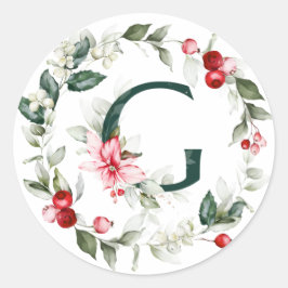 Winter Berries Monogram G Small Round Labels Runder Aufkleber